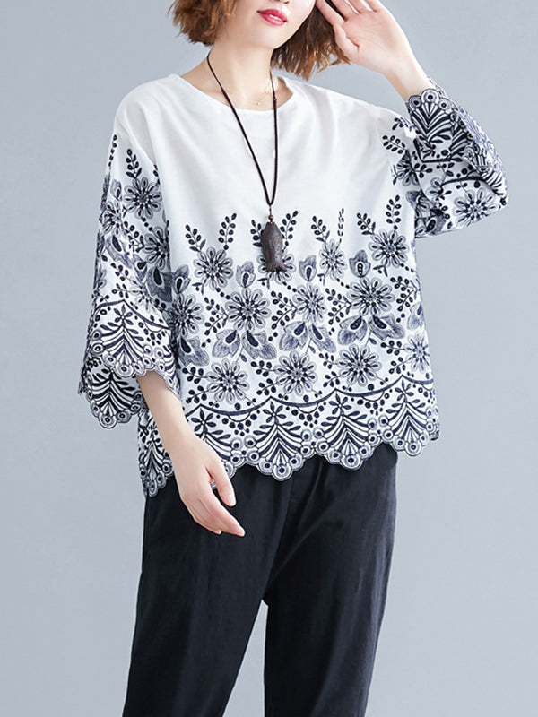 Hollow Print Loose Three-quarter Sleeves Round-neck Blouses&shirts Tops