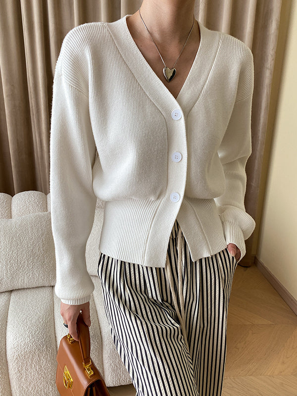 Solid Color Long Sleeves Loose V-Neck Cardigan Tops