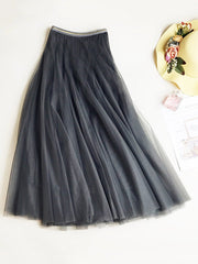 Solid Color Loose Elastic-Waist Mesh Skirt