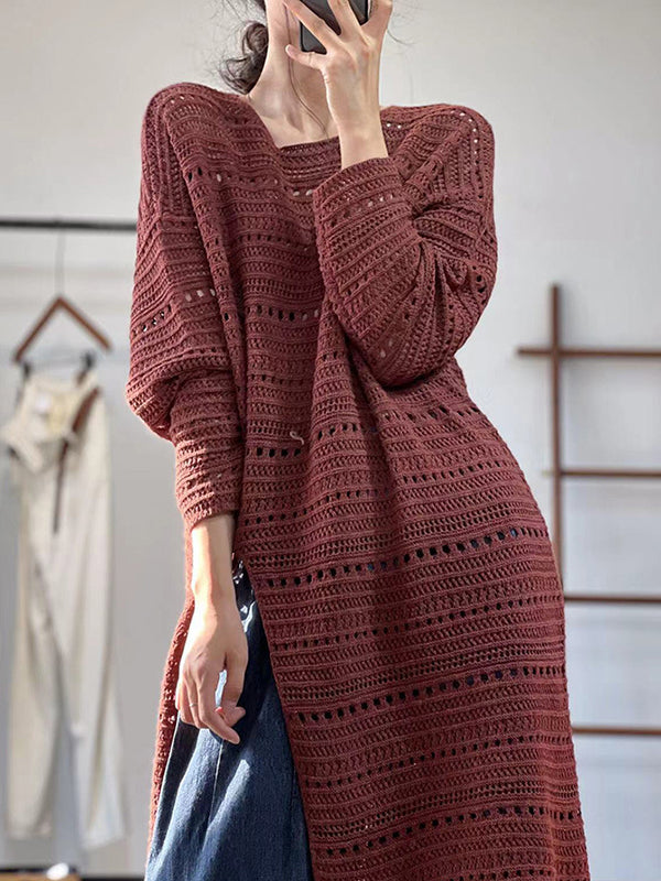 Hollow Solid Color Split-front Long Sleeves Loose Round-neck Sweater Tops