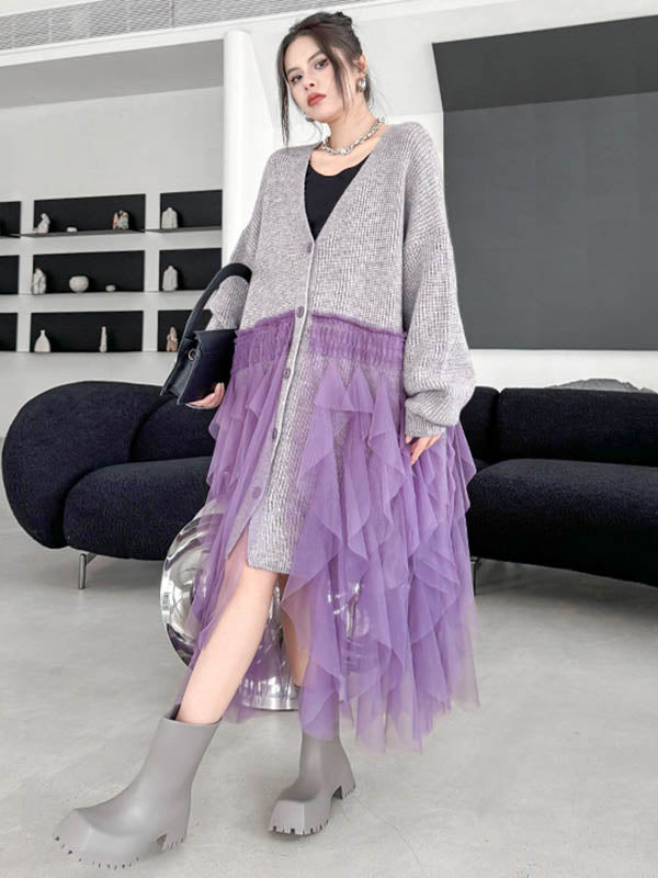 Buttoned Contrast Color Mesh Pleated Ribs Split-Joint High-Low Irregularity Collarless Outerwear Cardigan Tops