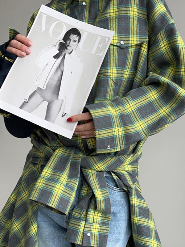 Buttoned Plaid Pockets Split-Joint Long Sleeves Loose Lapel Blouses&shirts Tops