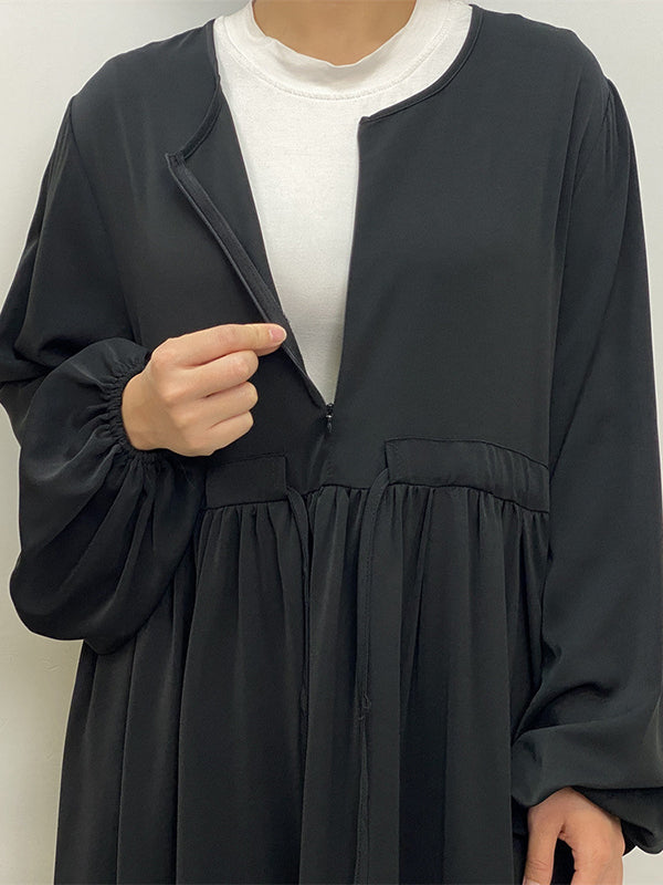 Drawstring Elasticity Muslim Pleated Solid Color Zipper Long Sleeves Loose Round-Neck Maxi Dresses