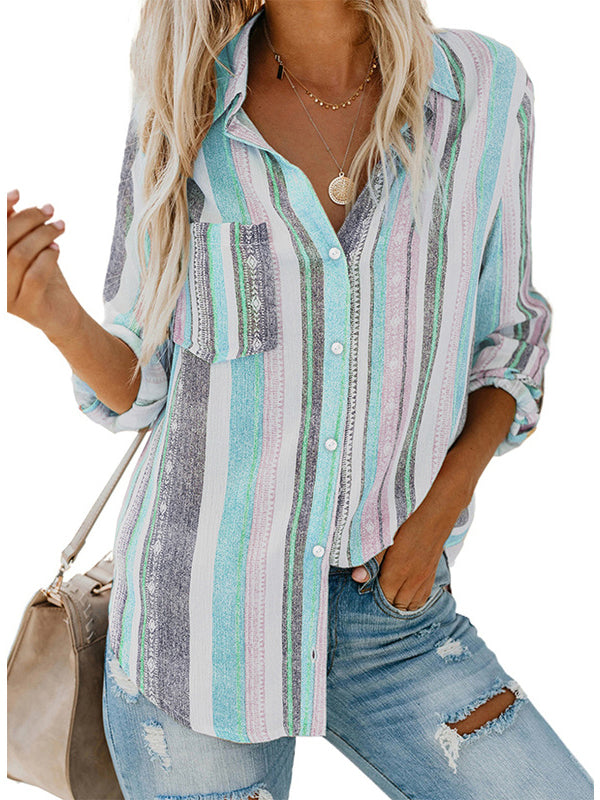 Buttoned Pockets Striped High-Low Long Sleeves Lapel Blouses&Shirts Tops