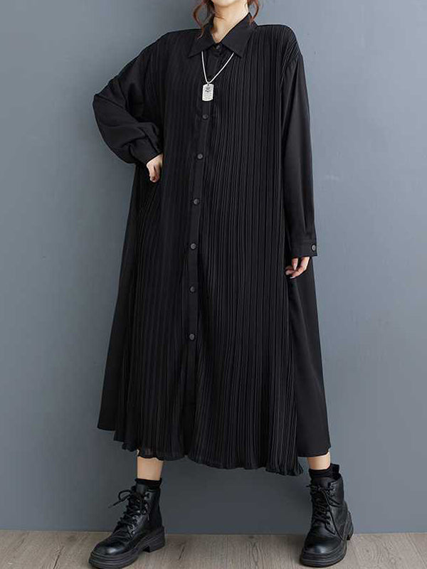 Buttoned Pleated Pockets Split-Joint A-Line Long Sleeves Lapel Shirt Dress Midi Dresses