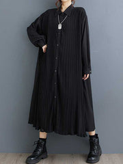 Buttoned Pleated Pockets Split-Joint A-Line Long Sleeves Lapel Shirt Dress Midi Dresses