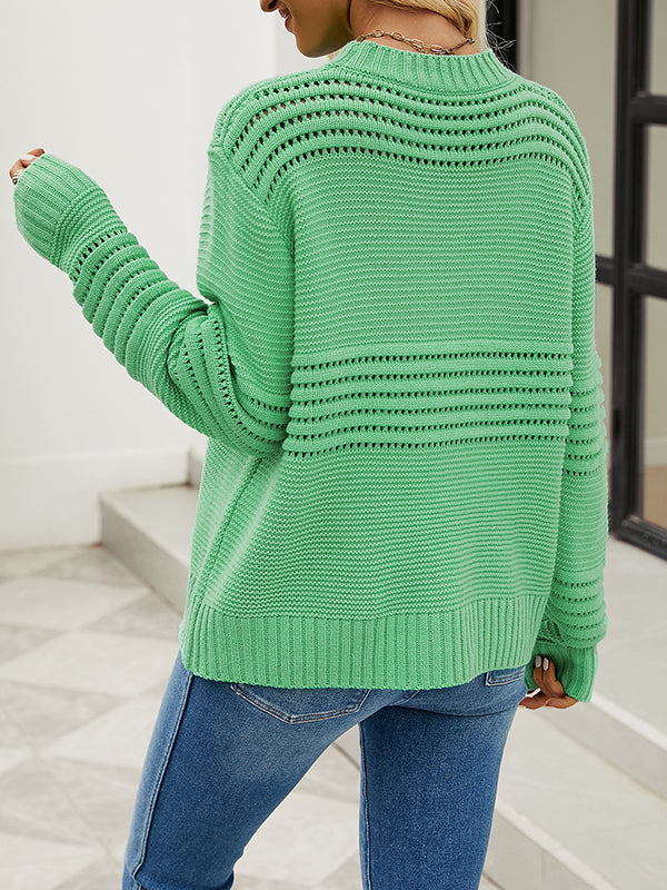 Hollow Solid Color Long Sleeves Loose Round-Neck Sweater Tops Pullovers Knitwear