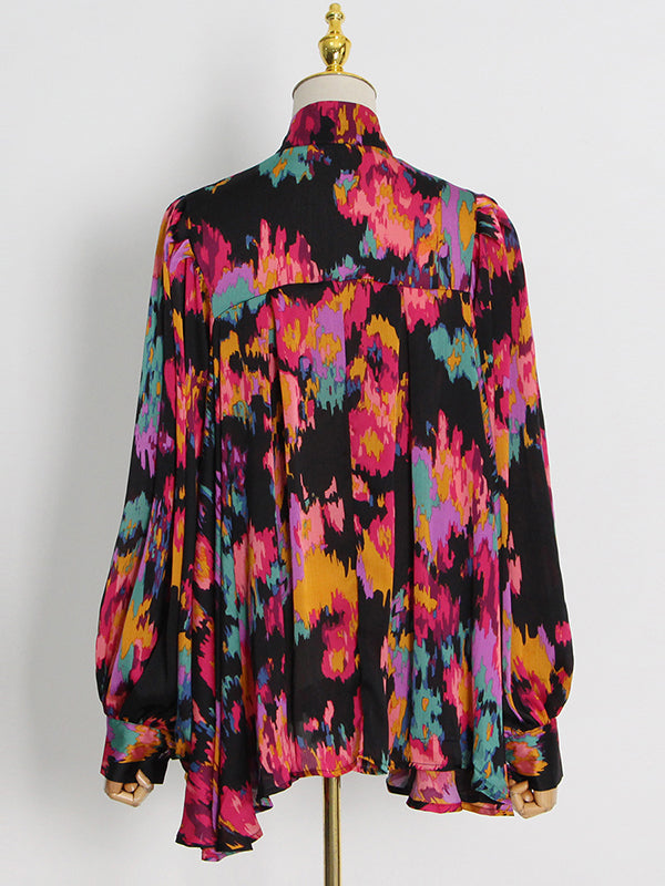 Loose Printed Puff Sleeves Pleated Stand Collar Blouses