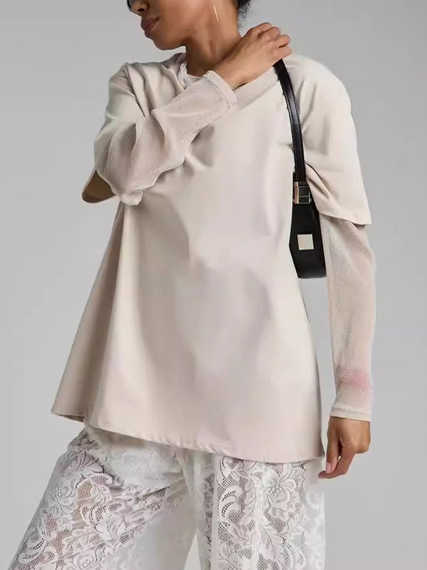 See-Through Split-Joint Sun Protection False Two Loose Round-Neck T-Shirts