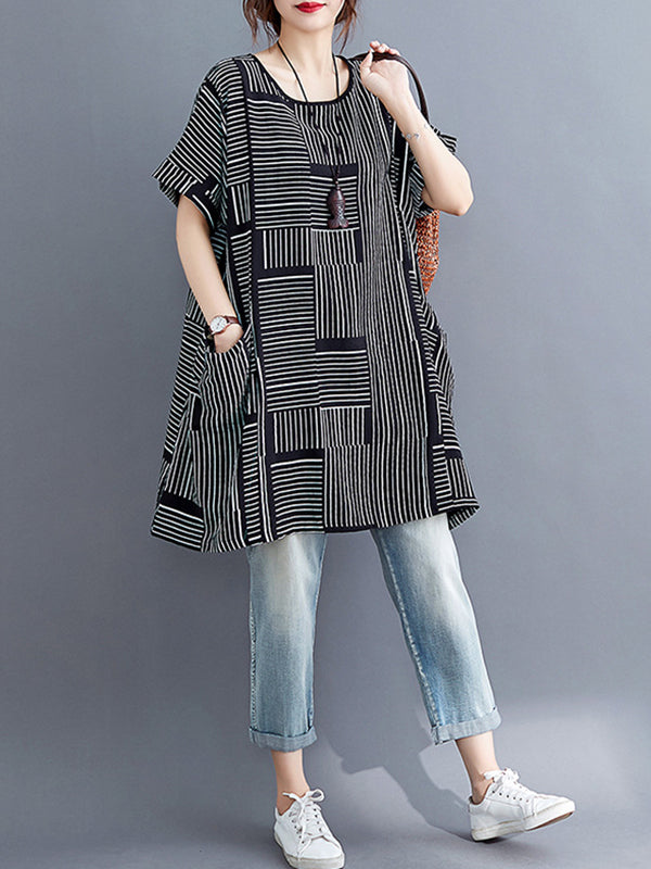 Plaid Striped Loose Short Sleeves Round-Neck T-Shirts Tops