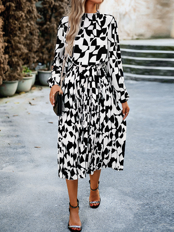 Pleated Printed Tied Waist Long Sleeves Loose Mock Neck Midi Dresses