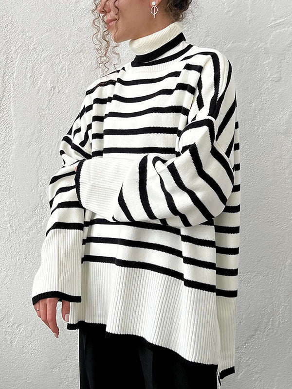 Split-Joint Split-side Striped High-low Long Sleeves High Neck Sweater Tops