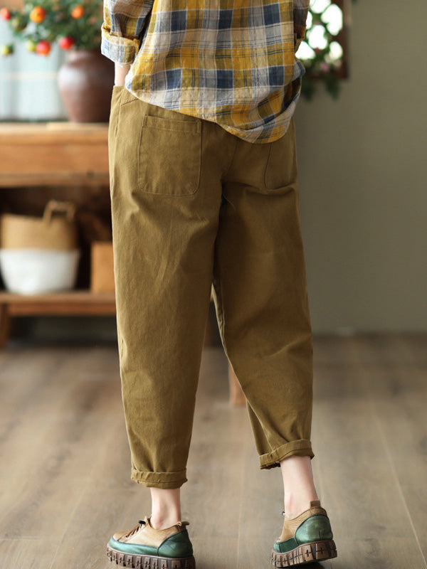 Artistic Retro Loose Solid Color Elasticity Casual Harem Pants Bottoms