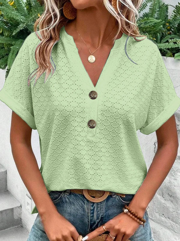 Buttoned Jacquard Split-Joint Loose Plus Size V-Neck T-Shirts Tops