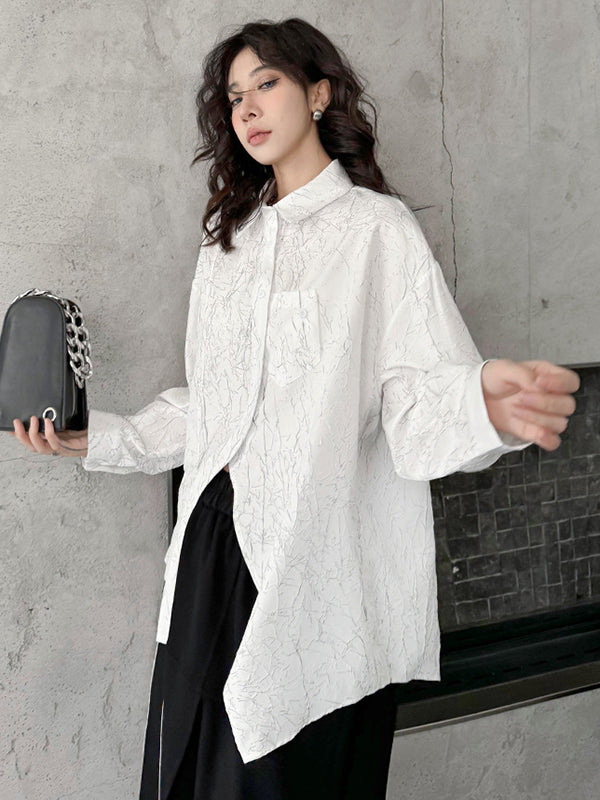 Abstract Printed Asymmetric Buttoned Wrinkled Irregularity Long Sleeves Lapel Blouses&Shirts Tops