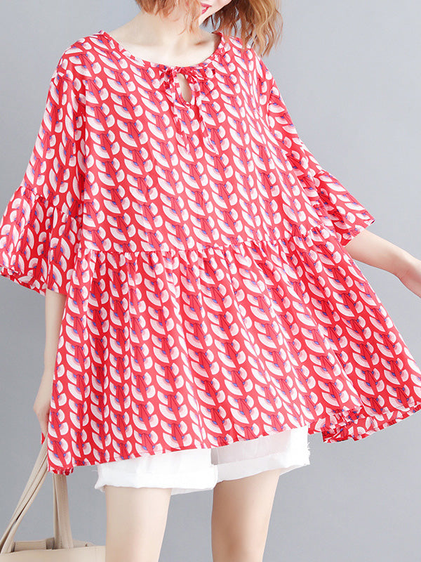 Artistic Retro Loose Half Sleeves Printed Pleated Falbala Round-Neck T-Shirts Tops
