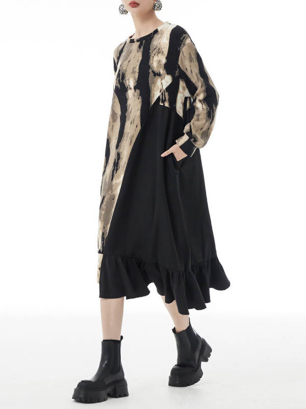 Asymmetric Contrast Color Ruffled Split-Joint Long Sleeves Loose Round-Neck Midi Dresses