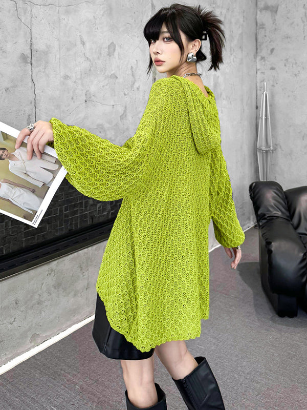 Hollow Solid Color Long Sleeves Loose Hooded Sweater Tops
