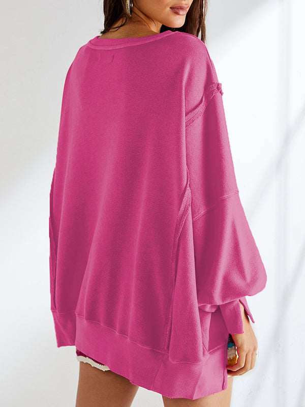 Fringed Solid Color Split-Joint Split-Side Long Sleeves Loose Round-Neck Sweatershirt