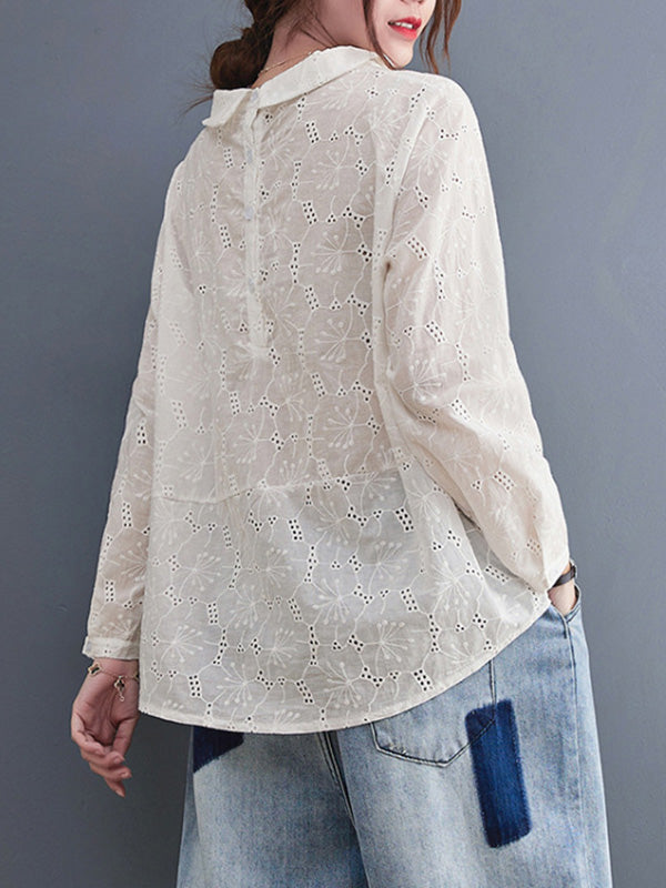Loose 3 Colors Embroidered Hollow Lapel Collar Long Sleeves T-Shirt