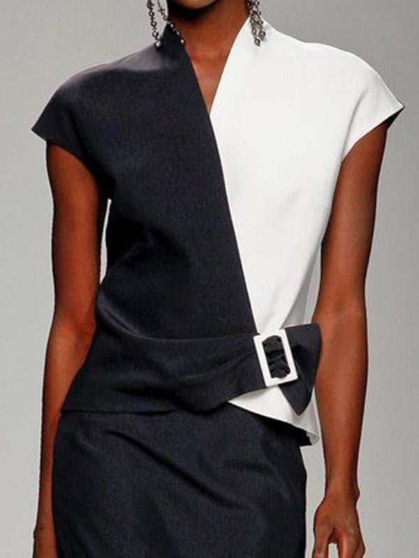 Contrast Color Split-Joint Loose Short Sleeves V-neck T-shirts