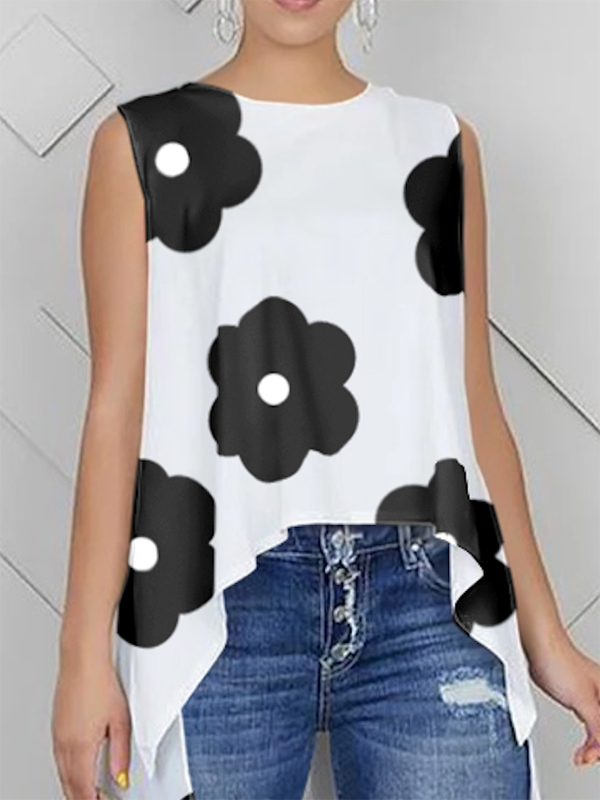 High-Low Loose Contrast Color Floral Printed Round-Neck Vest Top