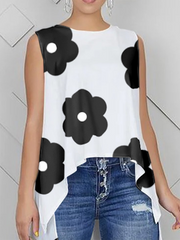 High-Low Loose Contrast Color Floral Printed Round-Neck Vest Top