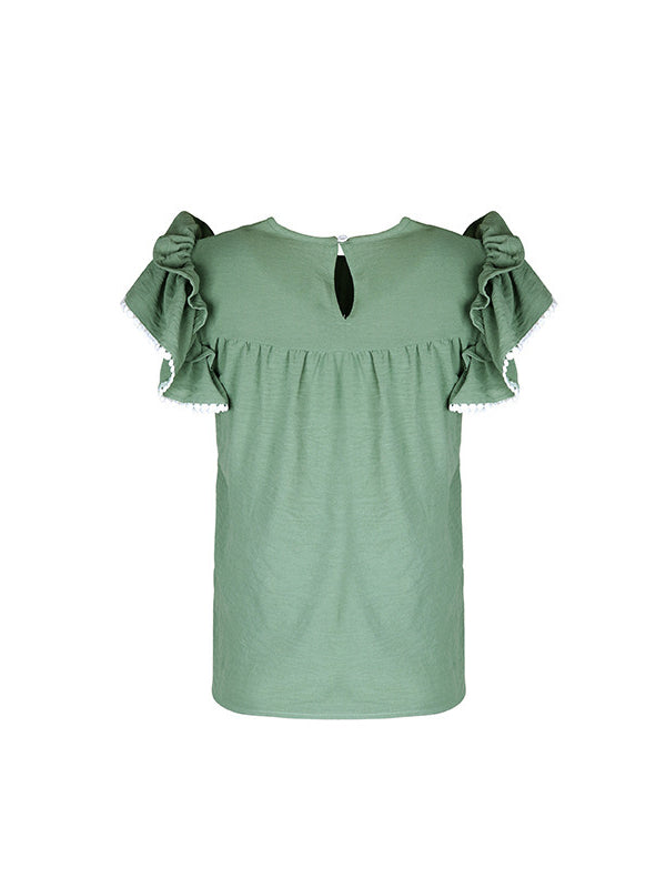 Pleated Loose Ruffle Sleeves Round-neck T-Shirts Tops