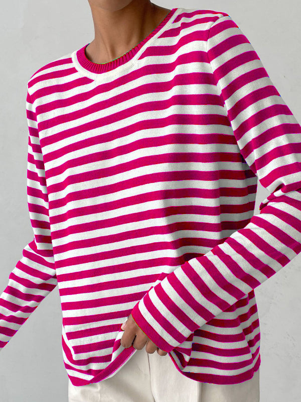 Split-Joint Striped Long Sleeves Loose Round-Neck Sweater Tops