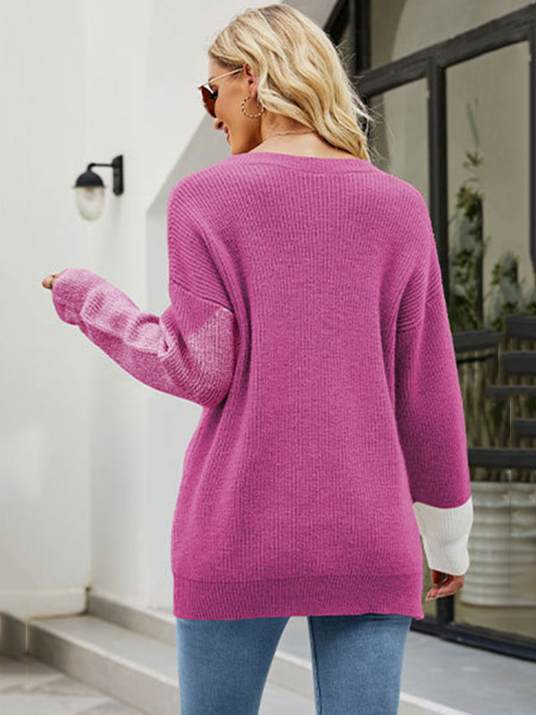 Casual Long Sleeves Loose Contrast Color Round-Neck Sweater Tops