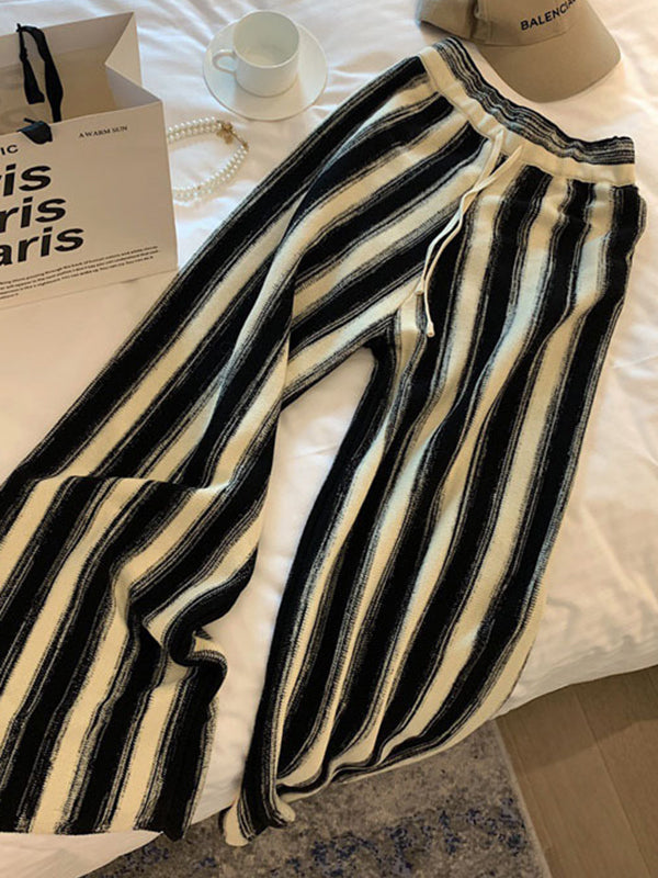 Casual Wide Leg Loose Drawstring Striped Pants