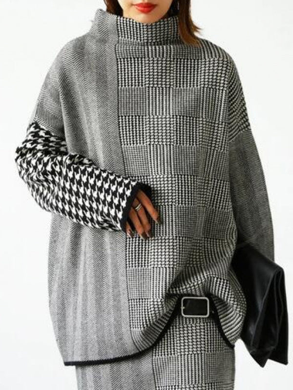 Houndstooth Plaid Long Sleeves Loose High Neck Sweater Tops Pullovers