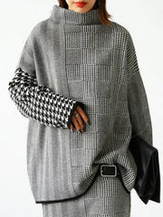 Houndstooth Plaid Long Sleeves Loose High Neck Sweater Tops Pullovers
