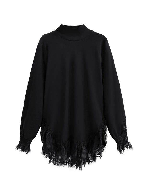 Solid Color Split-Joint Long Sleeves Loose High Neck T-Shirts Tops