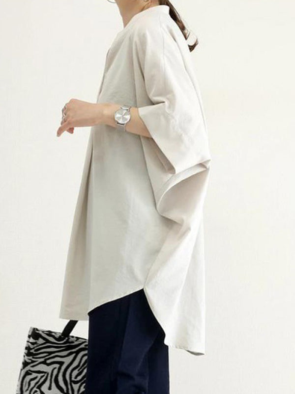 Pleated Solid Color Split-Joint Half Sleeves High-low V-neck Blouses&shirts Tops