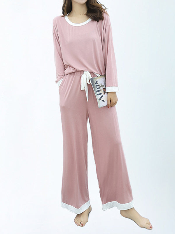 Contrast Color Long Sleeves Loose Round-neck Two Pieces Pajama Set