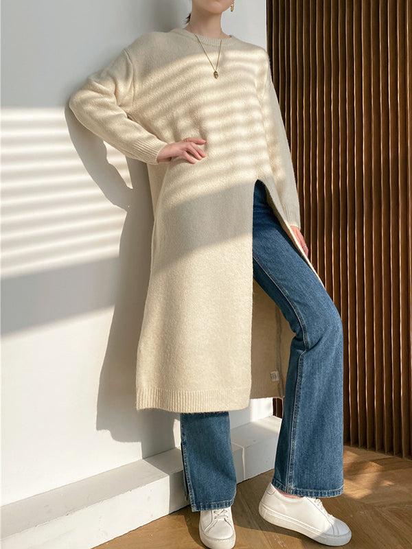 Loose Split-Side Solid Color Round-Neck Knitting Sweater Dresses