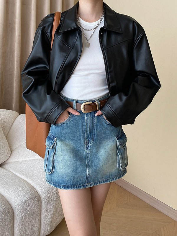 Solid Color Split-Joint Zipper Long Sleeves Loose Lapel Jackets&Coats