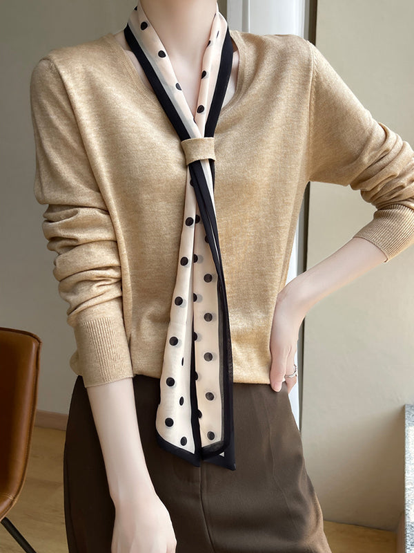 Polka-Dot Ribbon Long Sleeves Loose V-Neck Sweater Tops Pullovers