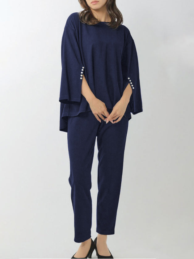 Round-Neck Batwing Sleeves High-Low Beaded Shirts Top + Elasticity Pleated Pants Bottom Two Pieces Set
