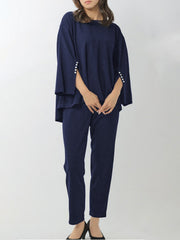 Round-Neck Batwing Sleeves High-Low Beaded Shirts Top + Elasticity Pleated Pants Bottom Two Pieces Set