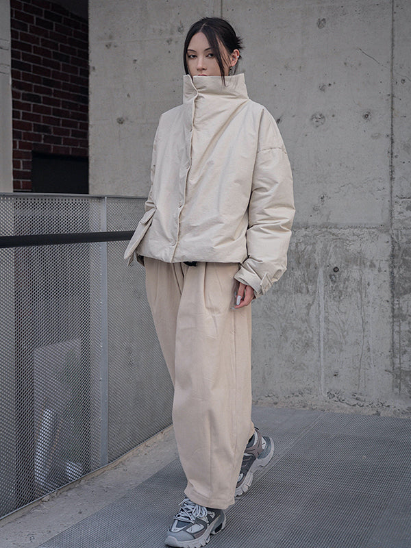 Urban Long Sleeves Buttoned Asymmetric Solid Color Stand Collar Padded Coat