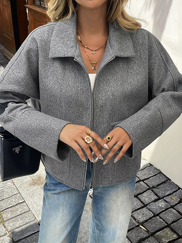 Pockets Solid Color Zipper Long Sleeves Lapel Outerwear Coats&Jackets