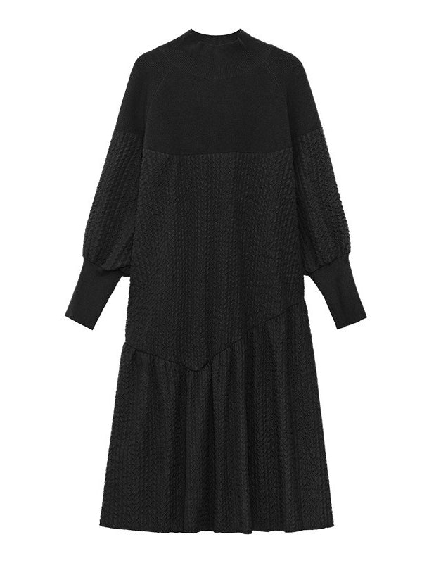 Asymmetric Solid Color Split-Joint A-Line Long Sleeves High-Neck Sweater Dresses Midi Dresses