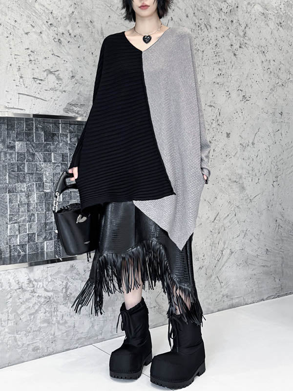Asymmetric Contrast Color Split-Joint Textured Batwing Sleeves Irregularity V-Neck Sweater Tops