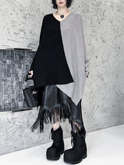 Asymmetric Contrast Color Split-Joint Textured Batwing Sleeves Irregularity V-Neck Sweater Tops