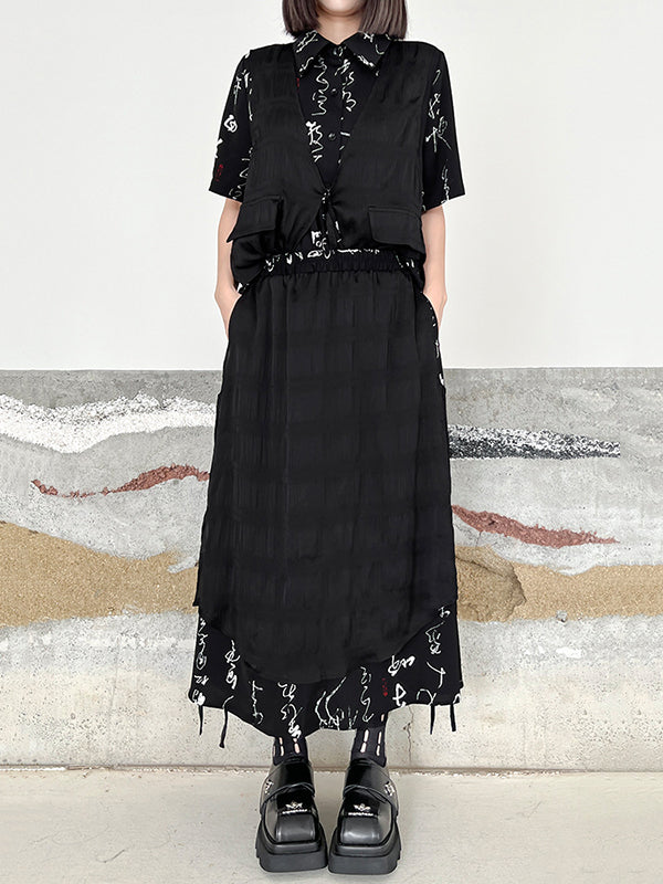 Elasticity Lace-Up Printed Split-Joint Streamer Tiered High Waisted Loose Lapel Skirts Bottoms