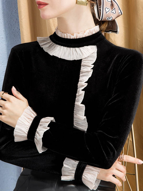Asymmetric Contrast Color Split-Joint Long Sleeves Ruffle Sleeves Half Turtleneck T-Shirts Tops