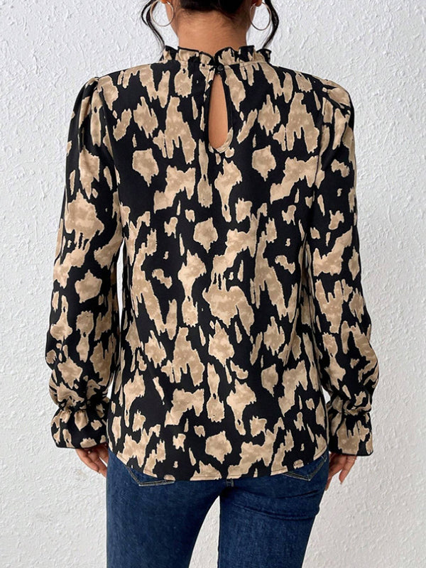 Elasticity Hollow Leopard Flared Sleeves Long Sleeves Mock Neck Blouses&Shirts Tops