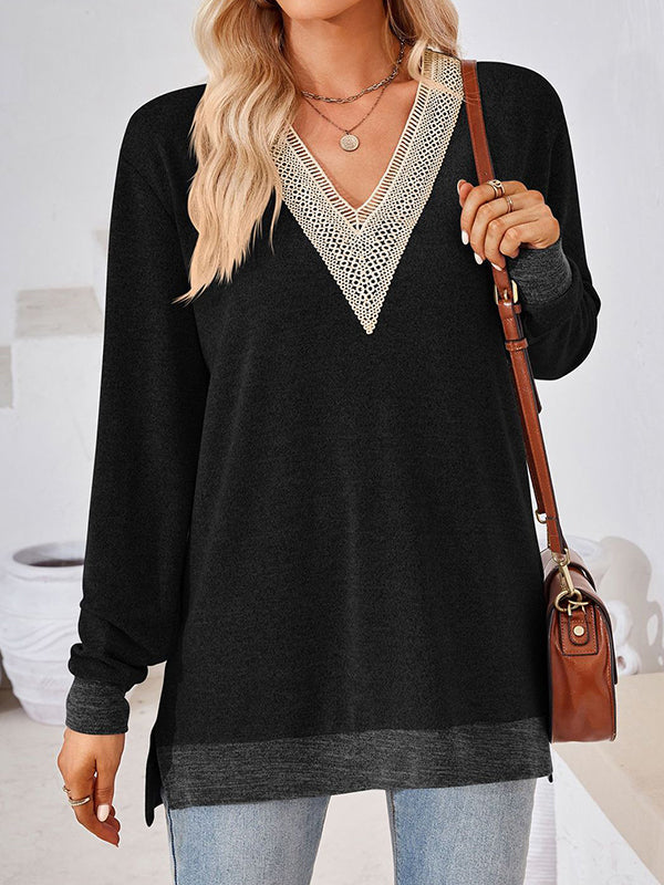 Hollow Split-Joint Split-Side Long Sleeves Loose V-Neck T-Shirts Tops